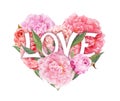 Floral heart - pink peony flowers and text Love. Watercolor Royalty Free Stock Photo