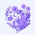 Floral heart with poppies and leaves. Vector illustration.