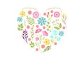 Floral heart shape with colorful flowers and leaves. Nature inspired design, romantic botanical arrangement. Springtime