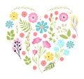 Floral heart shape colorful flowers leaves. Nature inspired design, romantic botanical