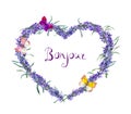 Floral heart shape with lavender flowers and butterflies. French text Bonjour translation Hello . Watercolor card