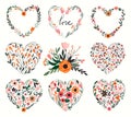 Floral hearts collection with hand drawn flowers and plants Royalty Free Stock Photo