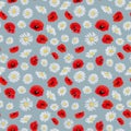 Poppy and Daisy Seamless Pattern on Blue Background