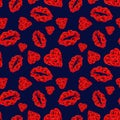 Poppy Hearts and Lips Seamless Pattern on Dark Blue Background.