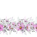 Floral horizontal border with light pink and white cosmos flower