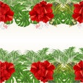 Floral horizontal border seamless background with blooming hibiscus and orchid and tropical leaves vector Illustration for use in Royalty Free Stock Photo