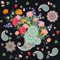 Floral horn of plenty. Beautiful pattern with paisley, mandala, bouquets of gardening flowers.