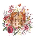 Floral house watercolor vintage greeting card. Sweet home, cozy cottage
