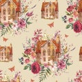 Floral house watercolor vintage seamless pattern. Sweet home, cozy cottage floral texture