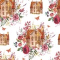 Floral house watercolor vintage seamless pattern. Sweet home, cozy cottage floral texture