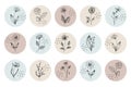 Floral icons set, black contour flowers in round shapes in pastel shades. Highlights for social networks Royalty Free Stock Photo