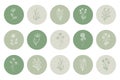 Floral icons set, white outline flowers in green round shapes. Highlights for social networks Royalty Free Stock Photo