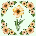 Floral illustration. Beautiful yellow flowers with green leaves. Round pattern on light green background. Watercolor painting. Royalty Free Stock Photo