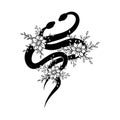 Floral intertwined snakes, black serpent with flowers. Mystic animals tattoo. Spiritual vector illustration