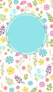 Floral invitation card template design, spring flowers leaves central blue copy space. Bright Royalty Free Stock Photo