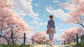 Floral Journey: A Realistic Anime Girl Strolls Amidst Blossoming Cityscapes