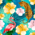 Floral jungle flamingo, leopard seamless pattern