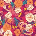 Floral jungle with snakes seamless pattern, tropical flowers and leaves, botanical hand drawn vibrant