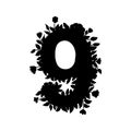 Floral lacy number nine with flowers, leaves and herbal details. Black silhouette. Graphic design element for stickers, scrapbook