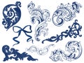 Floral leaf and ribbon decorative ancient retro blue navy indigo elements set, rococo and baroque