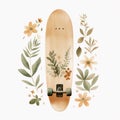 Floral Leaves Watercolor Skateboard: Earth Tone Palette And Playful Negative Space