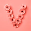 Floral letter V made of flowers on a color background of the year 2019 Living Coral Pantone. Part of the word LOVE