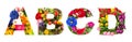 Floral lettering Alphabet A B C D flower heads bouquet