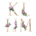 Floral Letters set with flowers of magnolia and leaves. K, L, M, J, I. Elegant Alphabet on the white background. Design Royalty Free Stock Photo