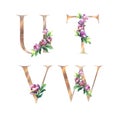 Floral Letters set with flowers of magnolia and leaves. U, T, W, V. Elegant Alphabet isolated on the white background Royalty Free Stock Photo