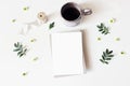 Floral lifestyle, stationery scene. Santini Chrysanthemum flowers, lentisk leaves and cup of coffee on white table