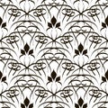 Floral line art tracery vector seamless pattern. Doodle hand drawn lines ornament with abstract flowers, leaves. Black and white Royalty Free Stock Photo