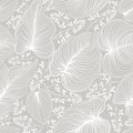 Floral line drawn artistic pattern with leaves and flowers in elegant retro chinese style. Abstract seamless nature floral line