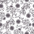 Floral line seamless pattern, black and white drawing, monochrome blooming, coloring background. Cute flower, floral stem with Royalty Free Stock Photo