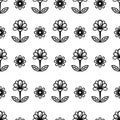 Floral line seamless pattern, black and white drawing, monochrome blooming, coloring sketch, background. Cute flower buds on stems Royalty Free Stock Photo