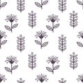 Floral line seamless pattern, black and white drawing, monochrome blooming, coloring sketch, background. Cute purple flower buds Royalty Free Stock Photo