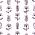 Floral line seamless pattern black and white drawing monochrome blooming coloring sketch background. Cute purple flower buds