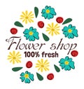Floral logo flower shop fresh blossoms leaves. 100 fresh slogan encircled colorful flowers vector