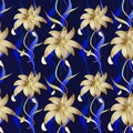 Floral luxury seamless pattern. Vector dark blue striped background. Floral wallpaper with vintage hand drawn gold flowers, swirl Royalty Free Stock Photo