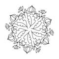 Floral mandala coloring book for adult and children. Hand drawn line botanical pattern. Vector illustration