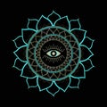 Floral mandala with evil eye in the center. Hand-drawn vector illustration isolated on black background