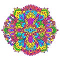 Floral mandala with flowers and leaves. Doodle fantasy colorful illustration. Fantastic ornated trippy pattern. Psychedelic art.
