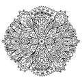 Floral mandala with flowers and leaves. Doodle fantasy coloring page for adults. Fantastic ornated trippy pattern. Psychedelic art