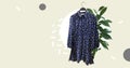 Floral Midi Dress with asymmetric ruffle on hanger. Composition of clothes. Collage sale clothes banner. Fashion concept