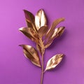 Floral minimal style concept. Exotic summer trend. Golden tropical leaves and branch on violet color background. Shiny and sparkle