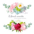 Floral mix wreath vector design set. Green, white and pink hydrangea, wild rose, protea, succulents, echeveria, burgundy red peony