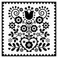 Floral monochrome folk art vector design in square frame from Nowy Sacz in Poland inspired by traditional highlanders embroidery