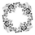 Floral monochrome round frame with Hand drawn Orchids Royalty Free Stock Photo