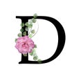 Floral monogram, letter D - decorated with pink rose and watercolor leaves