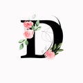 Floral monogram letter D - decorated with pink roses and leaves, watercolor