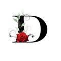 Floral monogram, letter D - decorated with red rose and watercolor leaves